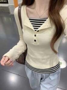 韓式修身對比色條紋拼接鈕扣設計女款內搭T恤上衣 - 杏色 - 查看 3