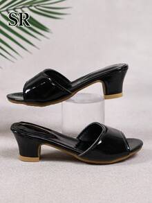 1 Pair Girls Black Glossy Open Toe High Heel Sandals, Fashion Classic Slippers, Daily & Party Princess High Heels - Black - View 4