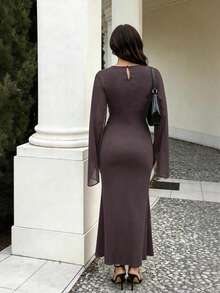 Autumn/Winter Fashion Elegant Luxury Women's Solid Color Round Neck Asymmetric Design Slim Fit Cape Chiffon Elegant 2 In 1 Dress - Brown - View 5