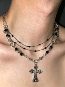 1pc Men's Silver Metal Pendant Necklace With CZ Inlaid Cross Pendant, Gothic Style, Suitable For Party And Gathering - Multicolor - View 2