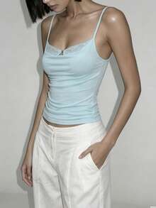 Top Dazzle Chic Women's Turquoise Knitted Short Sleeve V-Neck Top, Regular Hem And Ruffle Neck Details, Medium Stretch For A Stunning Fit - Blue - View 4