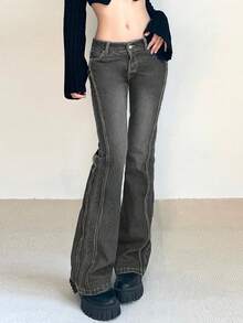 Women's Y2K Flared Jeans With Pockets, Autumn Casual Spring Fall - Dark Grey - View 2