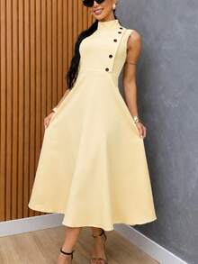 Elegant Sleeveless High Neck Midi Dress For Women, Side Button Detail, Chic Casual And Party Tailored Dress - amarelo bebe - 查看 8