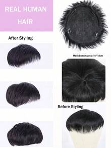 16x18cm Men's Short Clip-On Hair Piece, Real Human Hair, Covers Gray Hair, Natural Woven Design - Natural Black - View 4