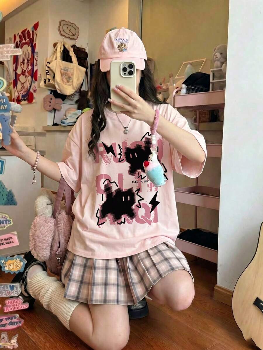 日系女款寬鬆休閒圓領字母與卡通貓咪印花短袖T恤,春夏百搭,粉色 - 粉色 - 查看 1