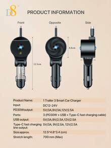 D8 3-In-1 Retractable Car Charger | 30W PD + 18W QC3.0 Fast Charging, USB-C Multi-Port Car Charger | Foldable & Retractable Cable, Portable Mini Travel Charging Essential | Compatible With IPhone 17/16/15, Ma*Book & S24/S23+ Fast Charging - Multicolor - View 13