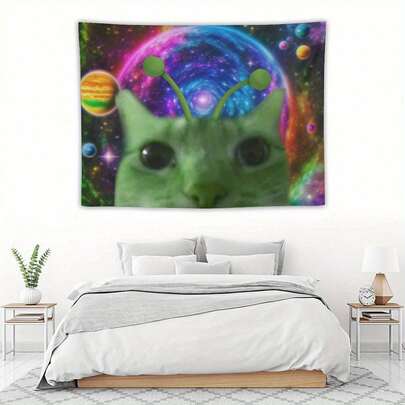 1pc Surreal Space Cat Tapestry - Alien Green Eyed Kitten Wall Hanging, Pink Purple Nebula Galaxy Fabric Poster For Bedroom Dorm Decor