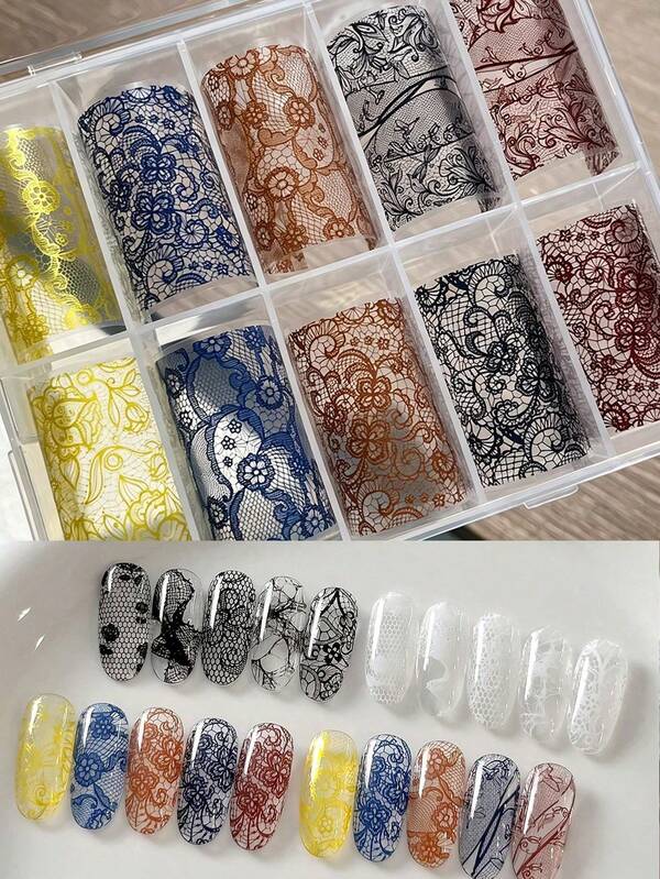 10 Rolls Vintage Colorful Lace Nail Art Transfer Foils Sexy Lace Flower Pattern Nails Wraps Sticker Manicure Decals Nail Salon Supplies Nail Art Decorations