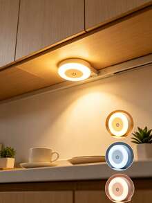 1pc Touch Night Light Bedside Lamp 3-Color Adjustable Built-In Battery Wireless Cabinet Light Dimmable Suitable For Hallway, Bedroom, Bathroom, Living Room, Closet, Kitchen Room Decor Home Decor Wall Decor Bedroom Decor - Touch the Small Round Light - View 1