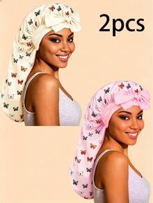 Butterfly Print Colorful Cute Women's Long Satin Faux Silk Bow Sleep Cap, Large Braided Curly Hair Sleeping Cap, Suitable For Sleeping, Daily Beauty Use, Back To School Essential - Multicolor - View 5