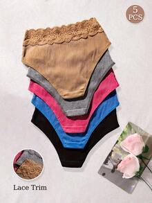 5pcs Women's Comfortable Pure Cotton Fabric Patchwork Sexy Lace Trim Elegant High Waist Triangle Panties - Multicolor - View 2