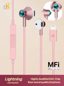 D8 1pc MFi Certified Lightning Earphones, Noise Isolating, With Built-In Remote Control For Music, Calls And Volume, Compatible With IPhone 14/13/12/11/XR/XS/X/8/7/SE/Pro/Pro Max - Pink - View 13
