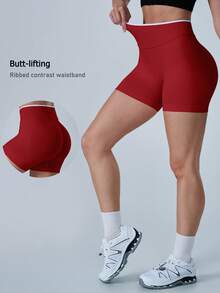 NcmRyu 1pc Women's Fashion Elastic Contrast Color Ribbed High Waist Butt-Lifting Soft Comfortable Sports Shorts - Red - View 2