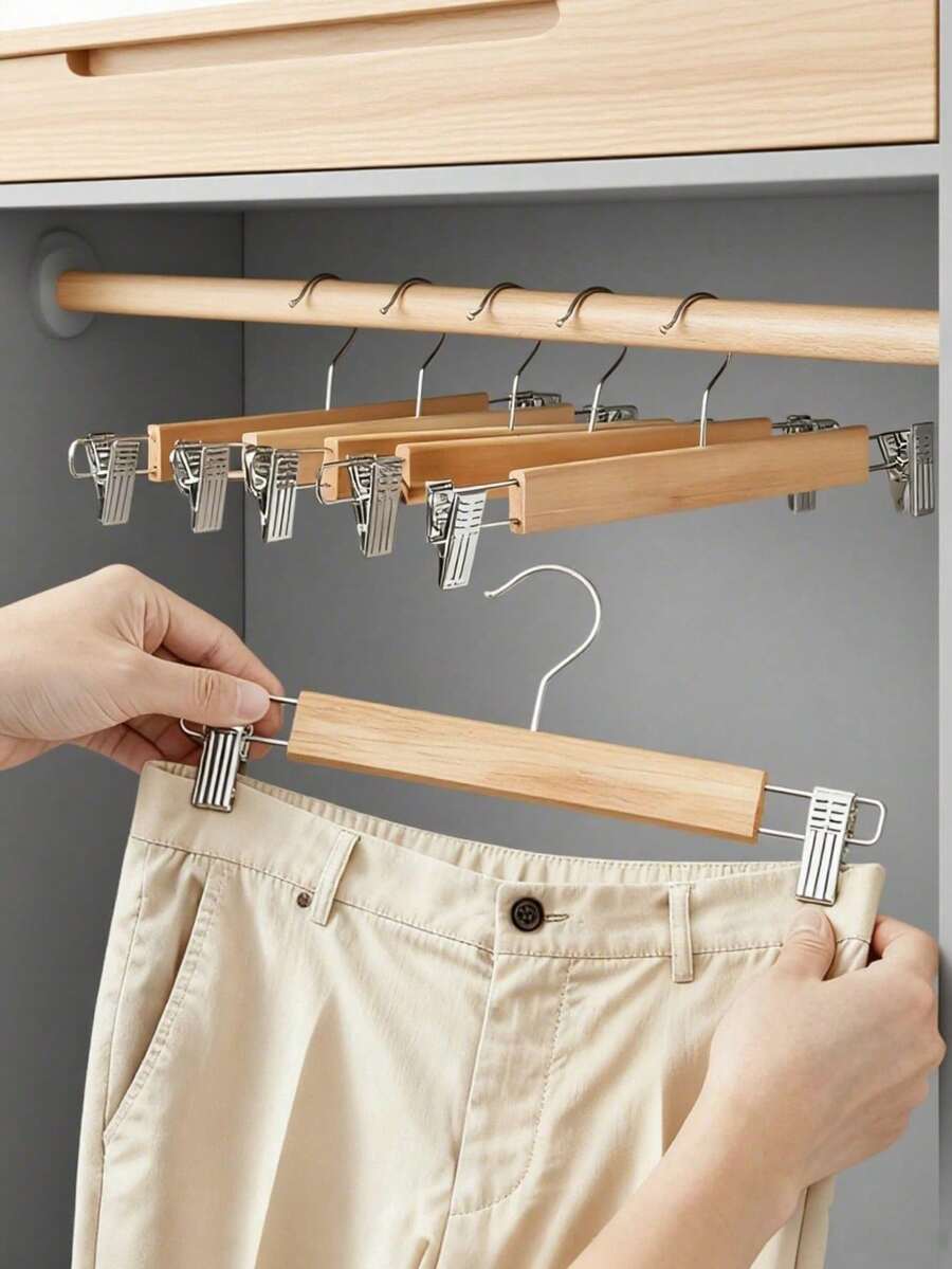 Natural Solid Wood Pants Rack With Adjustable Anti-Scratch Metal Clips, Non-Slip Space-Saving Closet Storage Organizer, Suitable For Long Pants, Jeans, Skirts, Dress Pants, Wardrobe Clothing Display Rack - A - View 1