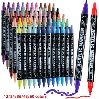 12/24/24/36/48/60 Colores Marcadores de Pintura Acrílica de Punta Doble de Precisión - Bolígrafo de Dibujo de Punto & Fino | Funciona en Roca, Madera, Tela, Lienzo, Vidrio, Álbum de Recortes, Papel, Cerámica, Huevo, Regalo de Arte DIY