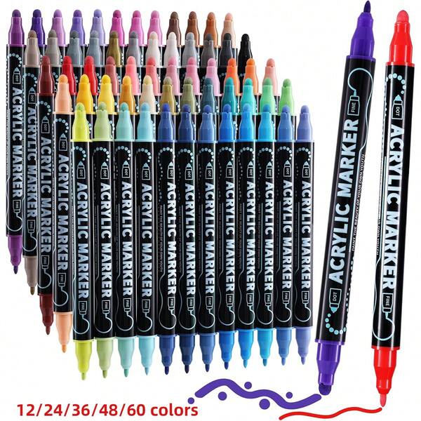 12/24/24/36/48/60 Colores Marcadores de Pintura Acrílica de Punta Doble de Precisión - Bolígrafo de Dibujo de Punto & Fino | Funciona en Roca, Madera, Tela, Lienzo, Vidrio, Álbum de Recortes, Papel, Cerámica, Huevo, Regalo de Arte DIY