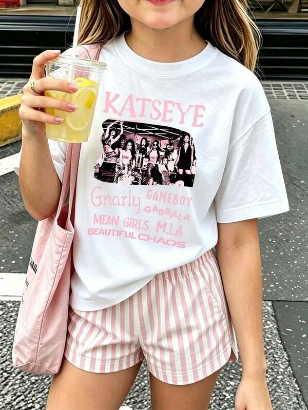 T-shirt casual stampata per preadolescenti, con scollo rotondo e maniche corte – top estivo.