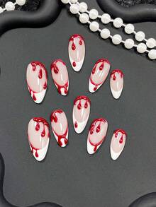 10 Peças de Unhas Postiças Feitas à Mão, Unhas, Unhas Falsas, Unhas de Halloween, Unhas Amendoa, Rosa, Azul, Vermelho, Branco, Preto e Verde, com Padrões de Textura de Bolhas de Sangue Gotejante Rosa, Azul e Verde, Perfeito para Uso Diário, Encontros e Ocasiões Casuais de Menina Delicada - Vermelho e Branco - Visão 5