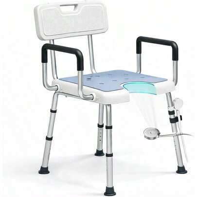 Silla de ducha 4 en 1 para ducha interior con brazos y espalda, capacidad de 500 libras, asiento de limpieza privada en forma de U, para personas mayores discapacitadas, montaje sin herramientas