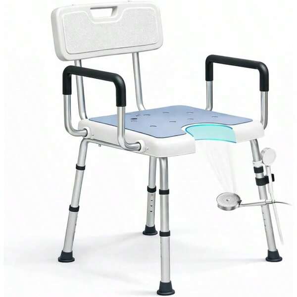 Silla de ducha 4 en 1 para ducha interior con brazos y espalda, capacidad de 500 libras, asiento de limpieza privada en forma de U, para personas mayores discapacitadas, montaje sin herramientas