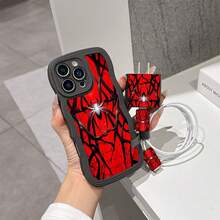 5件組紅色蜘蛛手機殼圖案 + 充電頭保護套 + 線材保護套 + 收納繩 TPU 防震保護殼，相容 Apple 17 16e 16 15 14 13 12 11 Mini Pro Max Air X XR XSMAX 8 7 Plus，防震磨砂背殼，智慧型手機保護殼，日常使用殼，時尚手機配件，創意設計，UV 印刷設計，時尚保護殼，時尚愛好者，音樂愛好者，生日禮物首選 - 彩色 - 查看 2