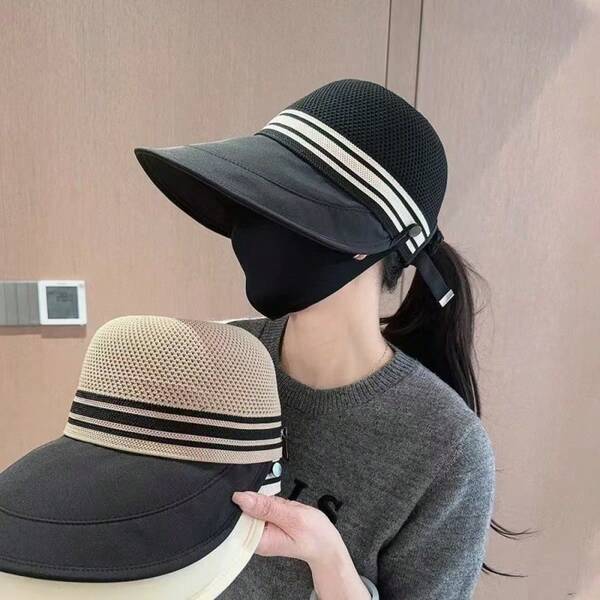 1件新款夏季女款寬邊開頂防曬帽，UV防護沙灘遮陽帽，水桶帽，適合戶外旅行、海邊度假、防曬，亦適用於節慶與休閒時尚