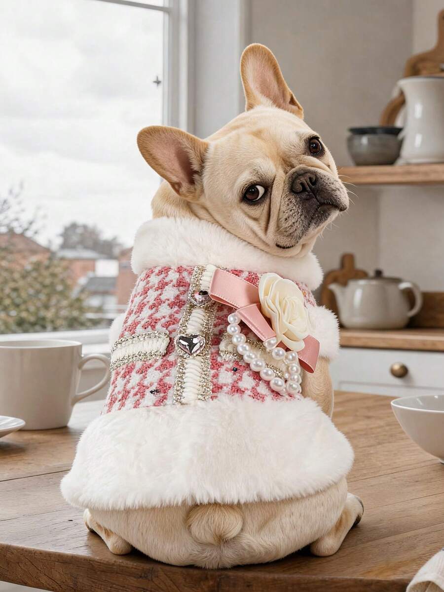 PETCIRCLE 1件寵物衣服 小狗幼犬貓用 可愛寵物奢華淑女風保暖背心 粉色亮片香氛拍照裙 - 彩色 - 查看 1