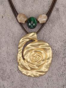 1pc Bohemian Spiral Rose Metal Pendant Necklace, Double Layer Wax Cord With Beads Short Choker Neck Decor, Atmospheric Layering Accessory, Christmas Halloween Outfit Jewelry, Gift For Girlfriend Best Friend Elder Holiday - Short - View 12