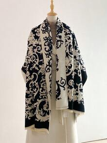 1pc Faux Cashmere Design Plant Pattern Jacquard Warm Scarf For Women, Air Conditioning Room Blanket, Autumn/Winter Outdoor Travel Cold Protection Neck Warmer Decorative Scarf Shawl Dual Use, Suitable For Daily Matching, First Choice For Gift Giving - Black - View 6