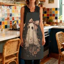 1pc Halloween Lace Ghost Print Apron, Featuring Bow Ghost, Withered Leaf, Bat, Spider Web Patterns, Durable Cooking Apron Suitable For Bakers, Cake Decorators, BBQ Enthusiasts, Gardeners, Painters, Nail Artists - Perfect Gift For Home And Professional Chefs - Multicolor - View 10