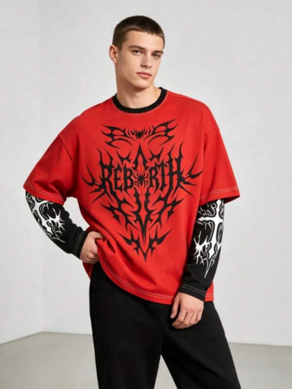 Camiseta Masculina 2-em-1 de Manga Longa, Estampa Gráfica de Aranha Renascimento Gótico, Gola Redonda, Vermelha, Solta, Estilo Streetwear