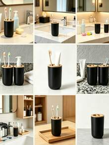 This Innovatively Designed Black Toothbrush Cup With Lid Is Made Of Durable Plastic, Perfect For Storing Oral Care Products. It Can Also Be Used As A Household Item, Toothbrush Holder, Home Decor, Storage Box, And Bathroom Personal Care Accessory. - Multicolor - View 9