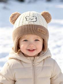 1pc Baby Cartoon Bear Embroidered Plush Ear Cable Knit Fabric Warm Windproof Cute Style Ear Protection Knit Hat Autumn/Winter Outdoor Daily - Multicolor - View 2