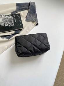 時尚多功能絎縫刺繡格紋加厚化妝包 學生鉛筆袋 菱格紋純色圖案休閒手提小包 保暖羽絨款 - 黑色 - 查看 5