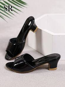 1 Pair Girls Black Glossy Open Toe High Heel Sandals, Fashion Classic Slippers, Daily & Party Princess High Heels - Black - View 3