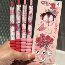 4支裝 蝴蝶浪漫玫瑰系列 軟刷頭 INS風 ST頭 黑色快乾中性筆，適合青少年 - 玫瑰中性筆 - 查看 4