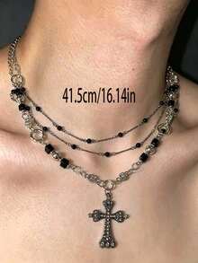 1pc Men's Silver Metal Pendant Necklace With CZ Inlaid Cross Pendant, Gothic Style, Suitable For Party And Gathering - Multicolor - View 3