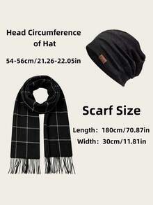 2PCS Multi-Color Optional Men's Autumn/Winter Warm Classic Plaid Scarf & Knit Beanie Set, Business Casual Thick Tassel Scarf & Warm Cold Hat Combination - Multicolor - View 4