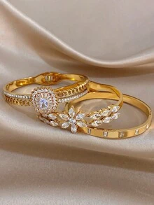 1Pc/Set Luxury Elegant Floral Geometry Diamond Stainless Steel Bangle Bracelet For Women,Party,Daily,Christmas,Birthday Gift/Wedding/Halloween - Multicolor - View 8
