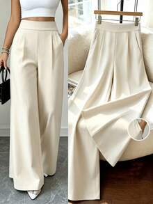 Women's Elegant High-Waist Wide-Leg Pants, With Pockets, Non-Stretch Fabric, Exuding Noble Elegant - Apricot - View 7