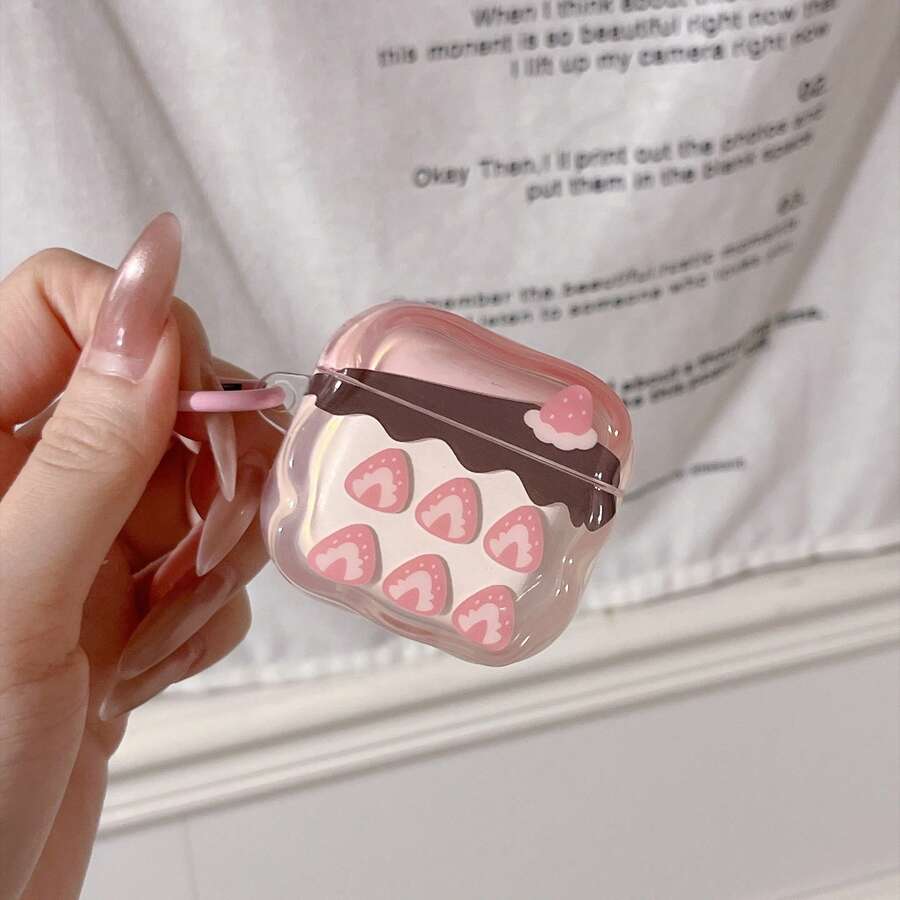 Pink Soft Series Cute Strawberry Chocolate Cake Pattern Full Coverage Wavy Edge Earphone Case Protective Cover + Pink Ring, Compatible With For Apple For Airpods 4/For Airpods Pro New/Pro 2/Pro 3, Suitable For Women - Pink - View 1