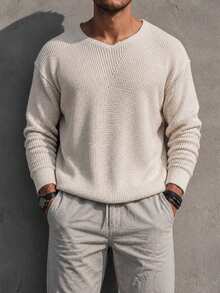 Men Solid Waffle Knit Sweater V Neck Long Sleeve Loose Fit Casual Pullover Top - Brown - View 5