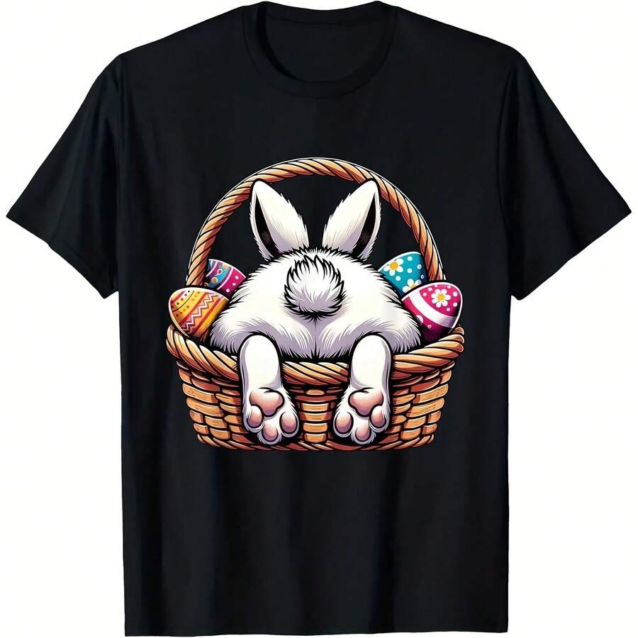 T-Shirt With Easter Bunny Basket And Rabbit Egg Print, Suitable For Men And Women, A Perfect Casual T-Shirt For Outdoor Fun. - 款式 - 查看 1