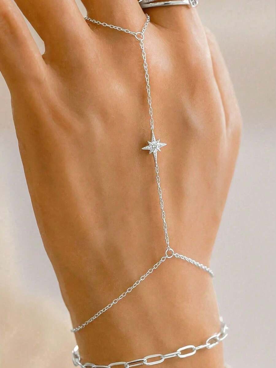 2pcs/Set Minimalist Luxury Fashion Bracelet, Niche Design Chain Hexagram Finger-Linked Bracelet - Silver - View 1