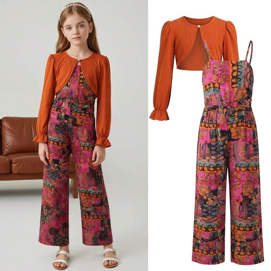 Setelan 2 potong untuk anak perempuan usia remaja, terdiri dari jaket pendek rajut vintage dan atasan tank top, cocok untuk musim gugur/musim dingin. - Purple - View 1