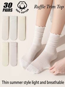 1/5/20/30 Pairs 100% Cotton Women's Crew Socks, Summer Thin Mesh Breathable Ruffle Trim Casual Socks, Lightweight Pastel Color Socks For Daily Wear - Multicolor - View 20