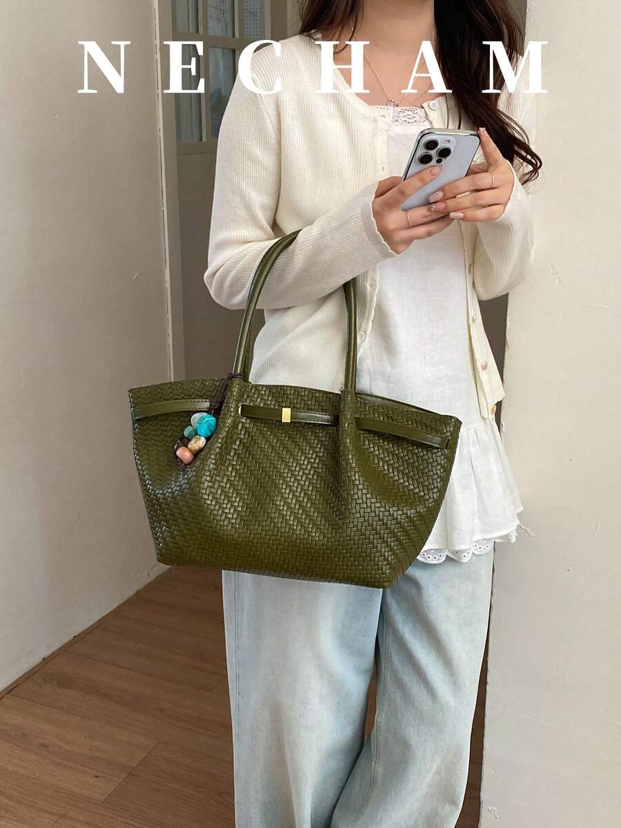 1件大容量純色高級時尚單肩包 休閒日常托特包（不含吊飾） - 綠色 - 查看 1