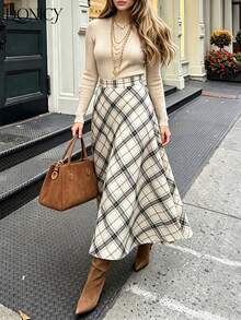 DONICY Women's White Diagonal Plaid High Waist A-Line Midi Skirt, Flowy Hem Long Skirt, Suitable For Spring And Autumn Daily Wear - White - View 5