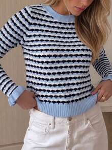 Women's Fashion Striped Pullover Sweater, Long Sleeve Round Neck Knit Top, Suitable For Autumn Wear - Multicolor - View 3