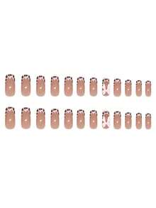 Y2K 24 Piece Set Of Short Square Press On Nail Art Pieces, Pink French Leopard Print, 3D Bow Design, Handmade, Glossy, Fully Covered, Suitable For Women And Girls To Wear Daily Nail Products - Multicolor - View 4